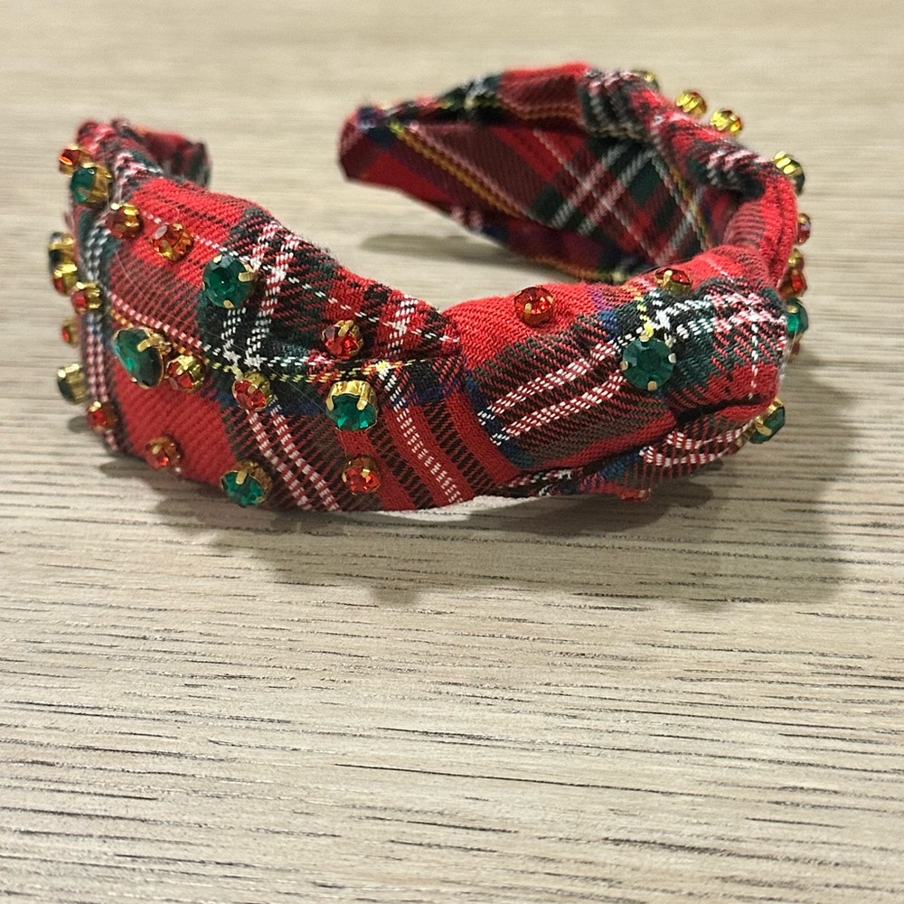 Plaid Red Knotted Headband with Green & Gold Embellishments